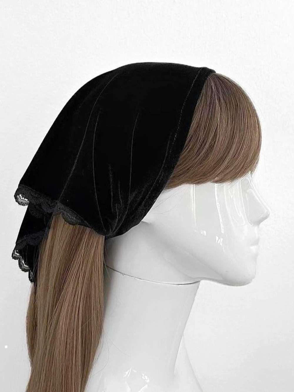 Black Velvet Lace-Trim Hair Scarf